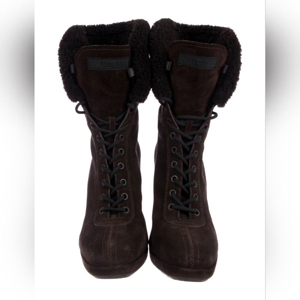 Prada Brown Shearling Lace-Up Wedge Boots Size: IT39